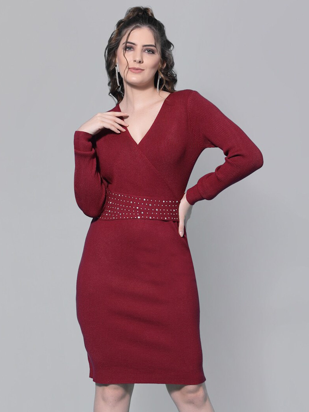 

Mafadeny Women Maroon Solid Sweater Dress