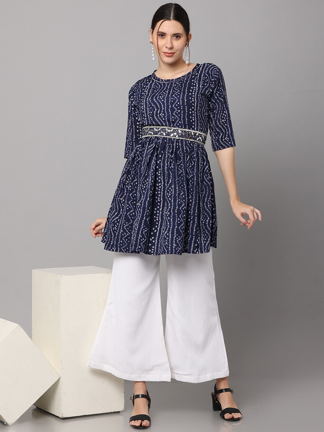 

NAYRA Women Navy Blue Bandhani Printed Pure Cotton Kurti with Sharara