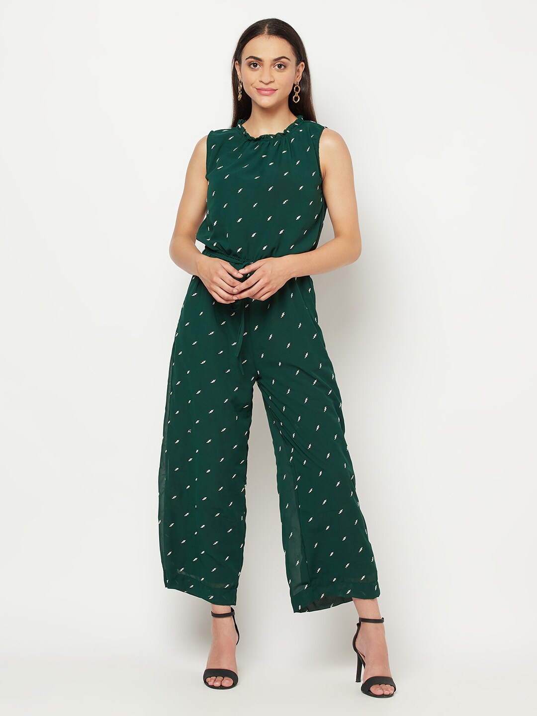 

SQew Green & White Printed Basic Jumpsuit