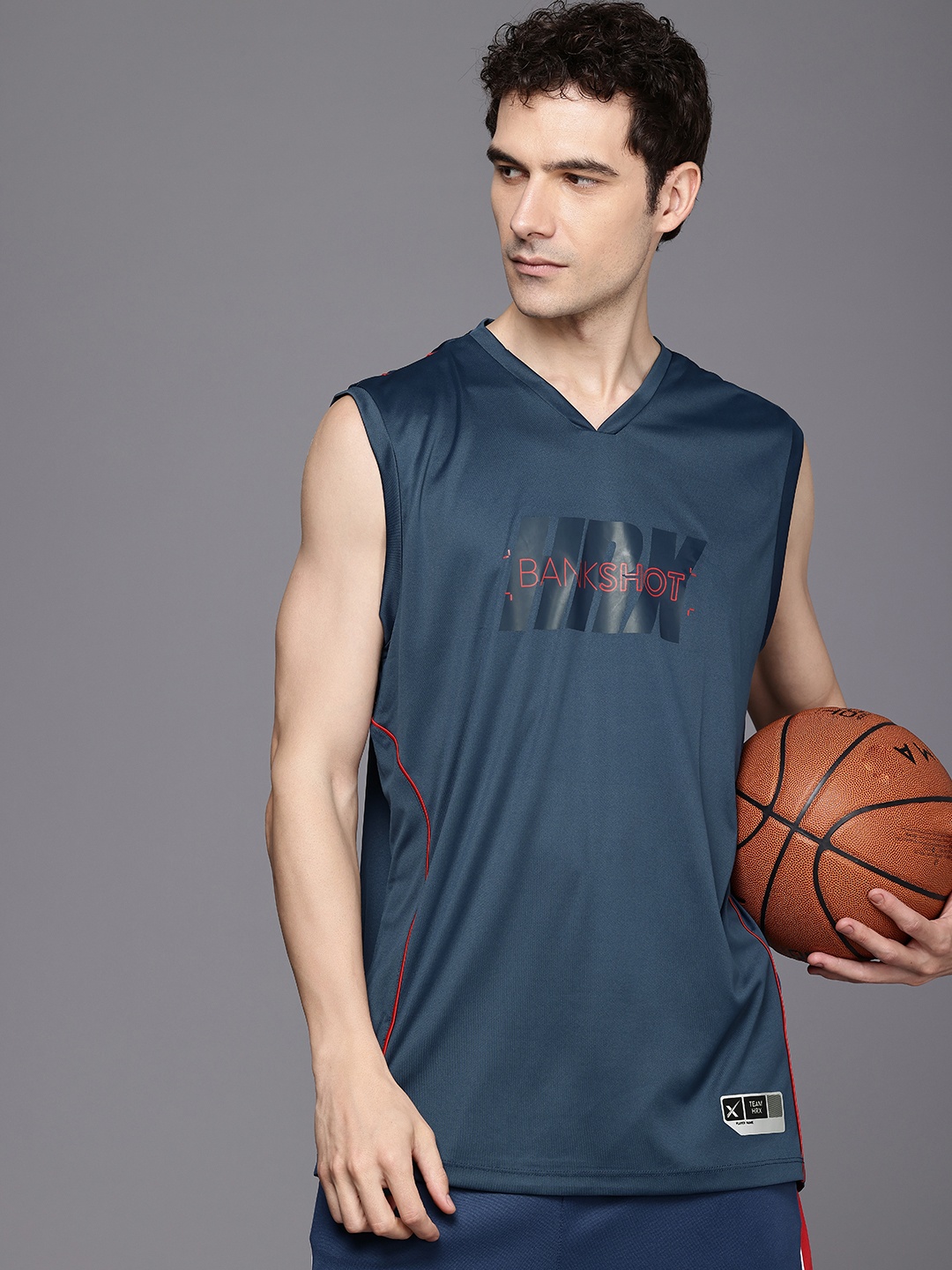 

HRX by Hrithik Roshan Men Brand Logo Printed Basketball Rapid-Dry T-shirt, Navy blue