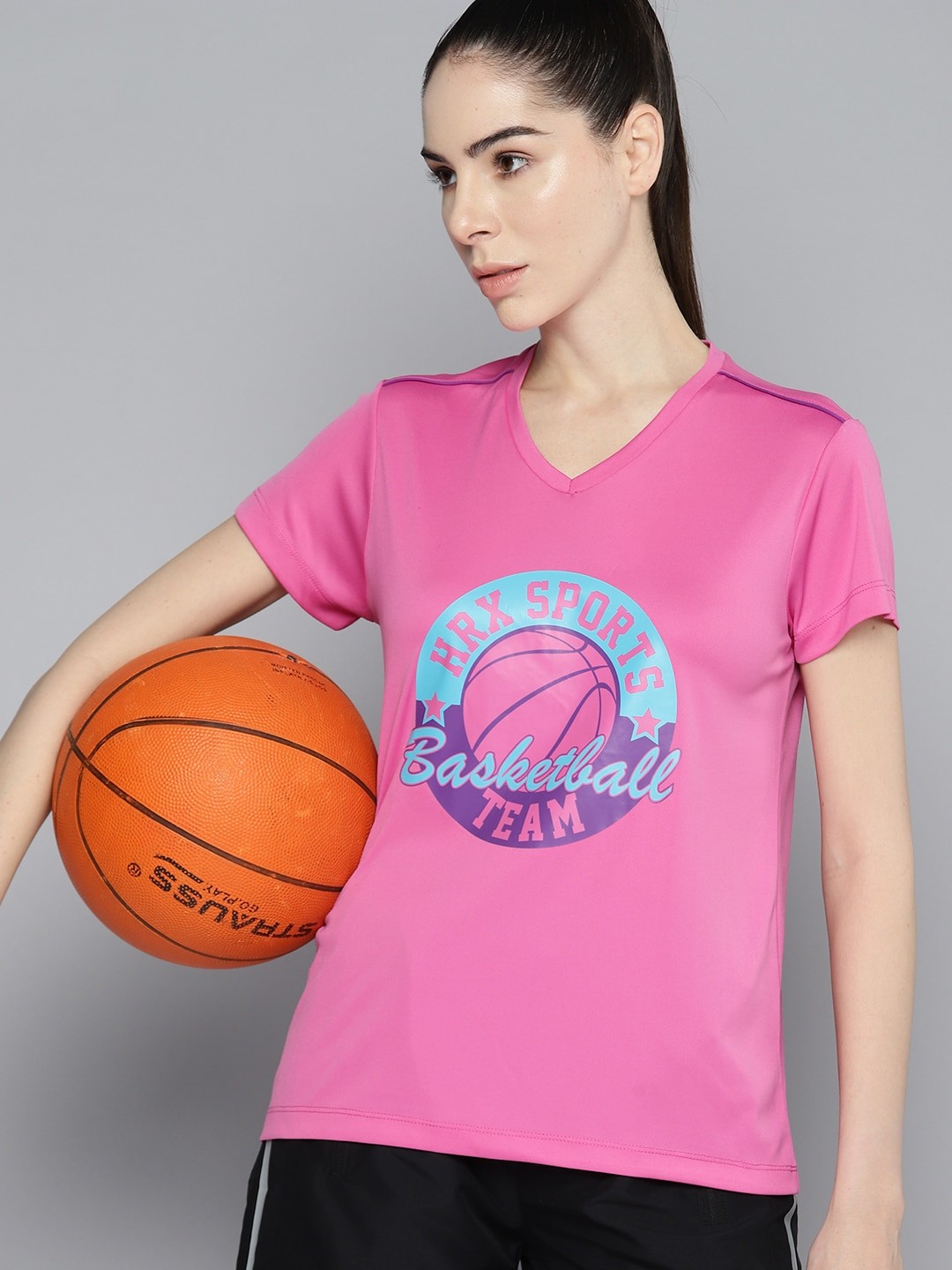 

HRX by Hrithik Roshan Rapid-Dry Printed V-Neck Basketball T-shirt, Pink