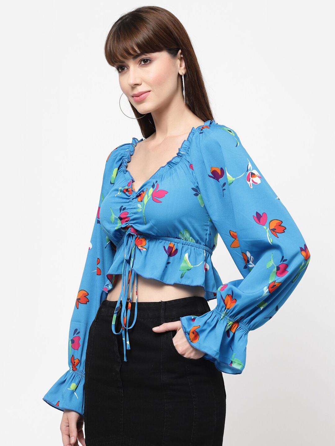 

FLAWLESS Women Blue Floral Print Cinched Waist Crop Top