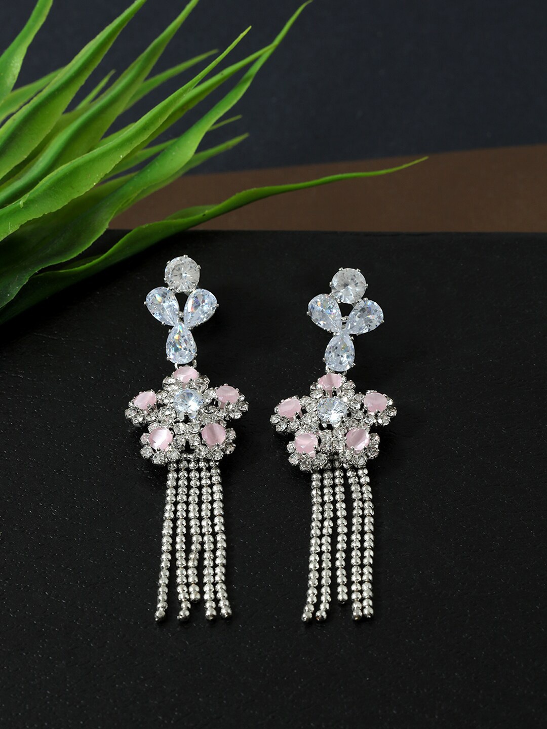 

AccessHer Silver-Toned & Pink Silver-Plated Stone Studded Floral Drop Earrings