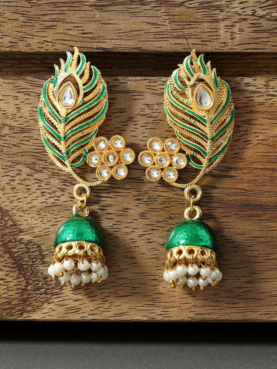 

AccessHer Women Gold-Plated & Green Leaf Shaped Meenakari Jhumkas Earrings