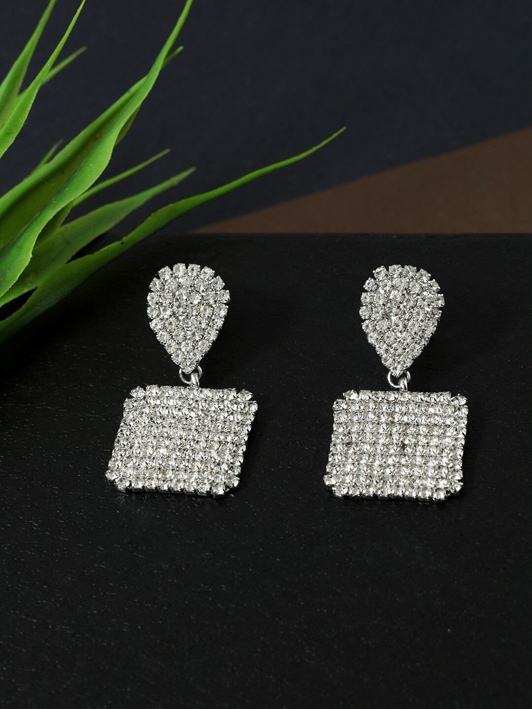 

AccessHer Women White Silver Plated Square Drop Earrings