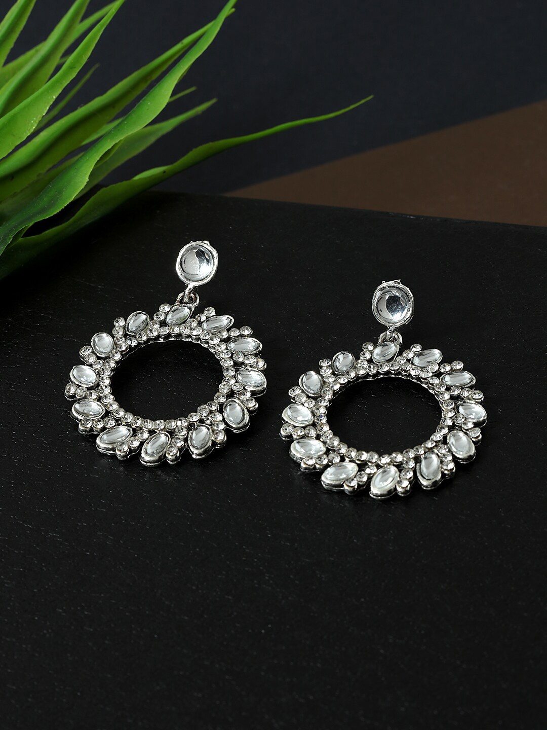 

AccessHer Women Silver-Toned Circular Drop Earrings