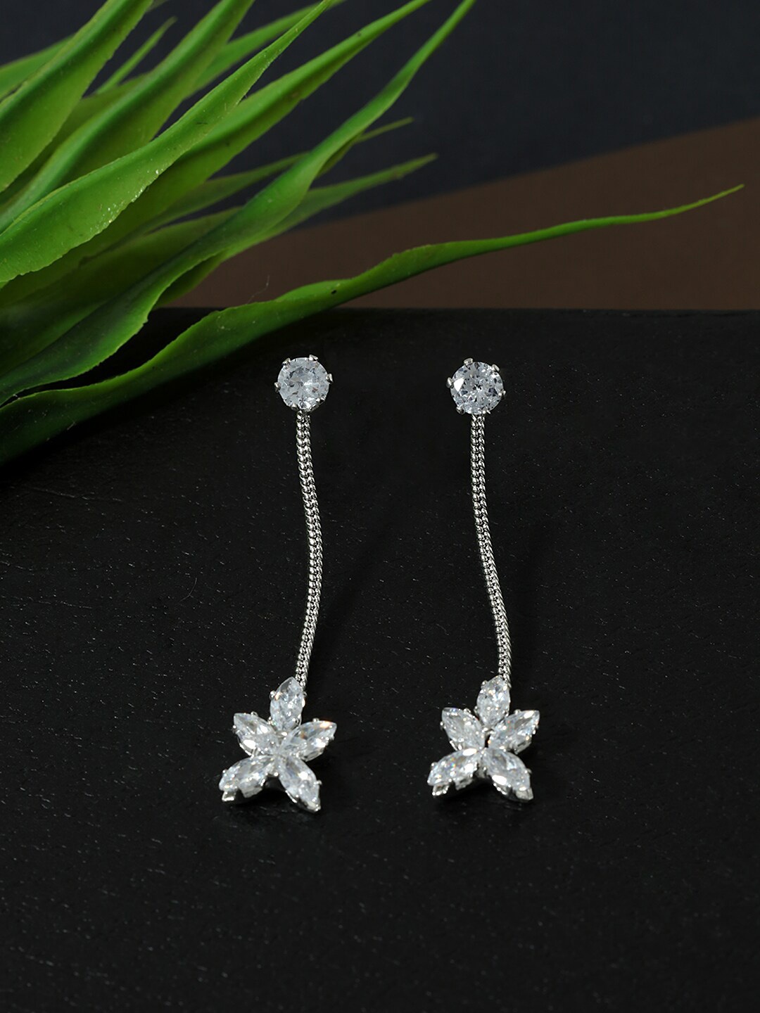 

AccessHer Silver Plated Floral Shaped Stone Studded Drop Earrings, White