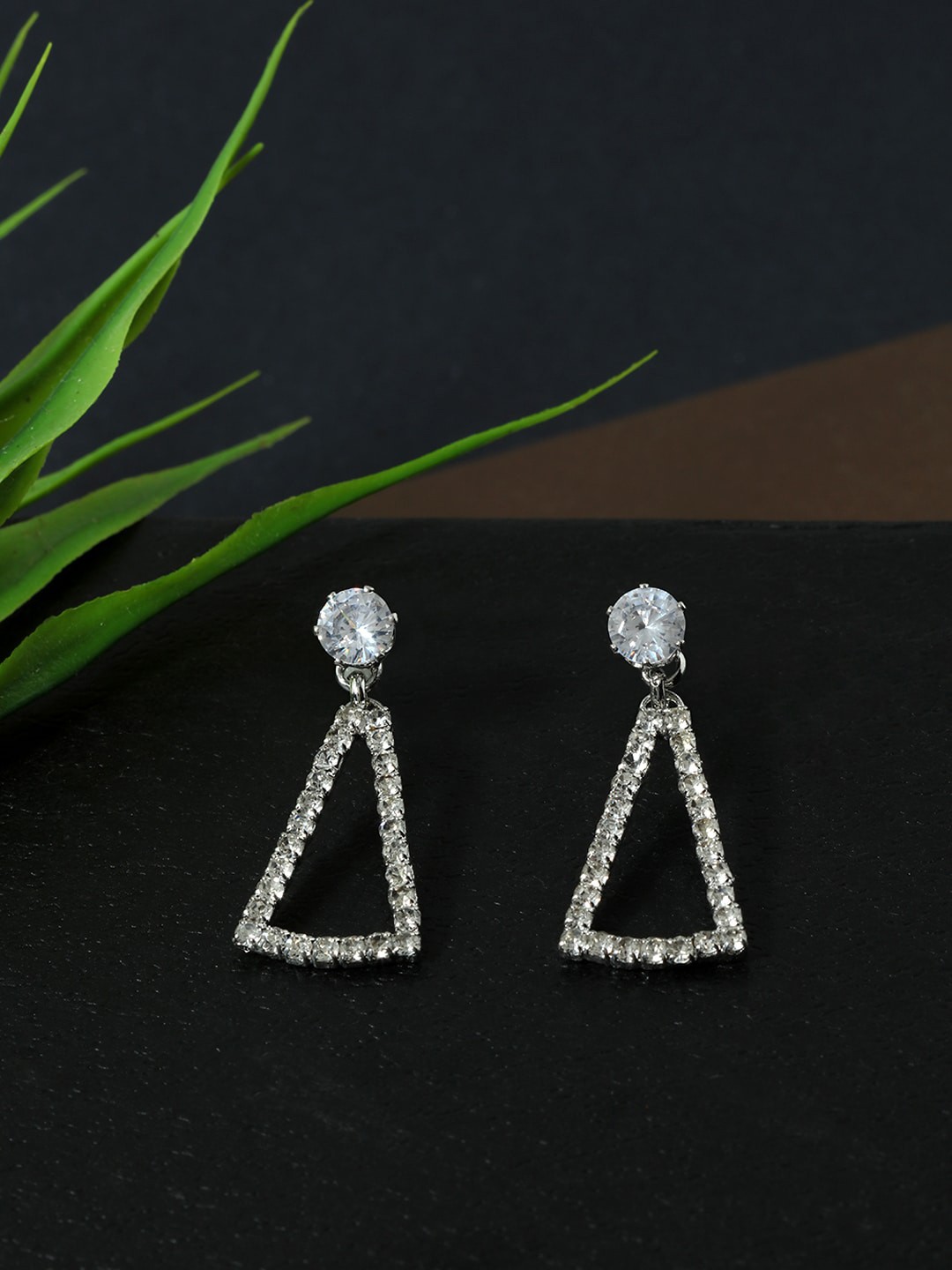 

AccessHer White & Silver-Plated Triangular Drop Earrings