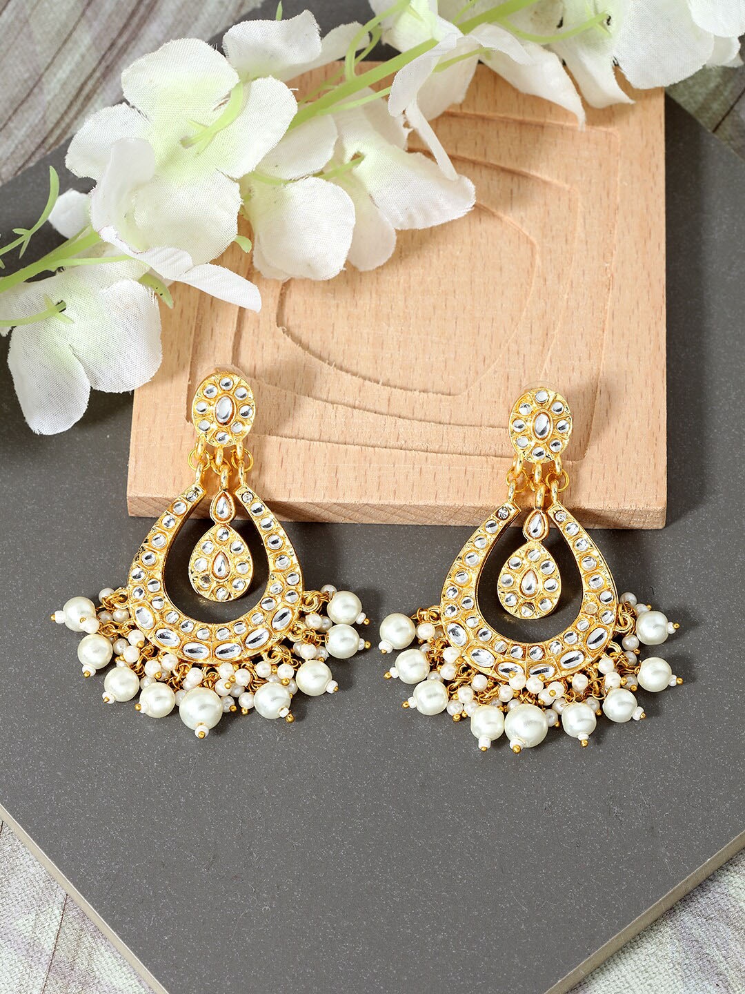 

AccessHer Gold-Toned & White Classic Chandbalis Earrings
