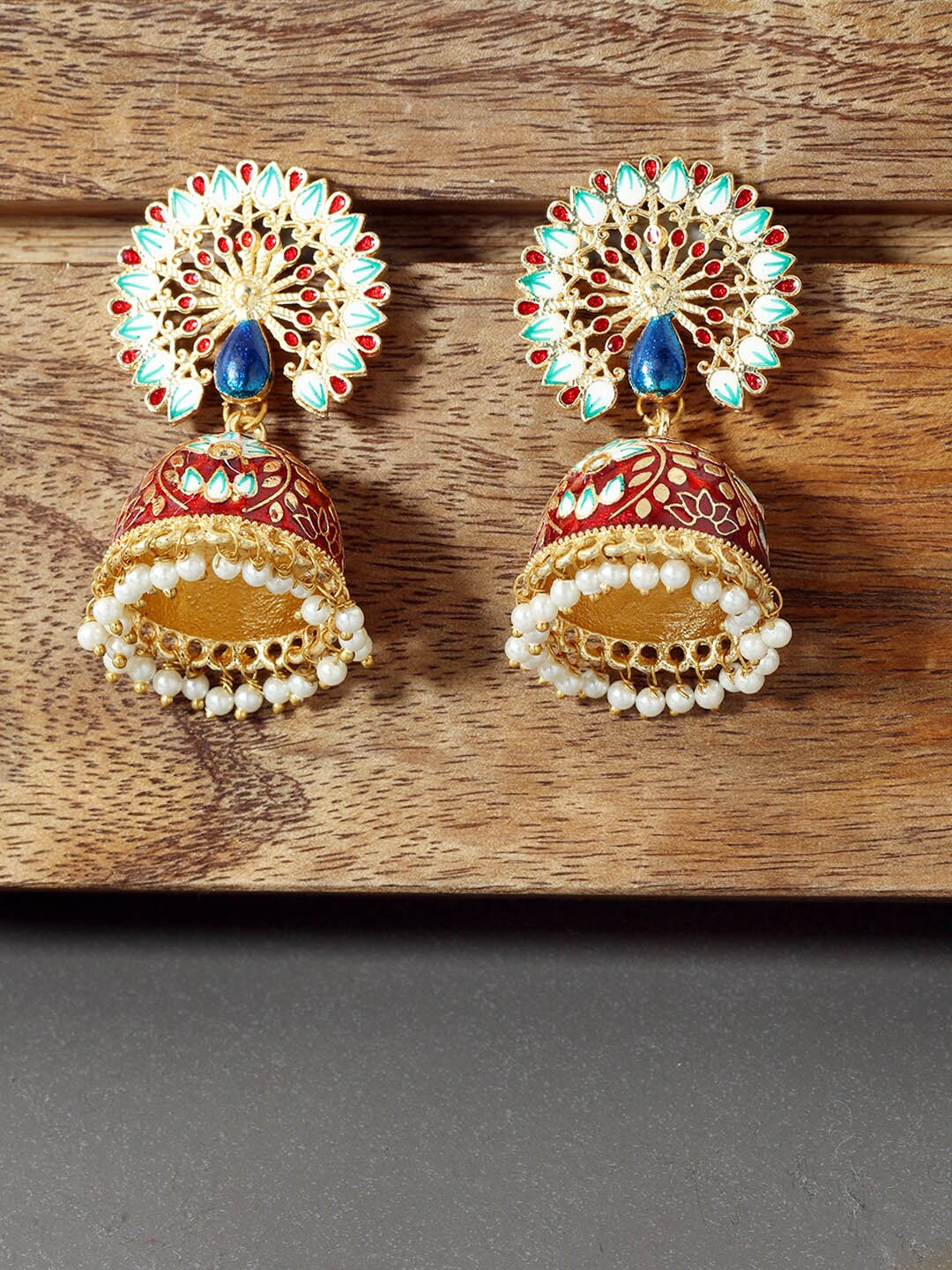 

AccessHer Women Gold-Plated & Red Peacock Shaped Meenakari Jhumkas Earrings