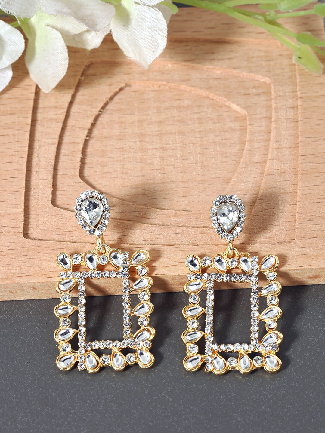 

AccessHer Gold-Toned & White Gold-Plated Stine Studded Geometric Drop Earrings