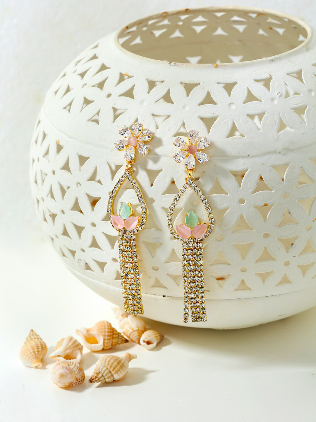

AccessHer White Stone Studded Gold Plated Teardrop Shaped Drop Earrings