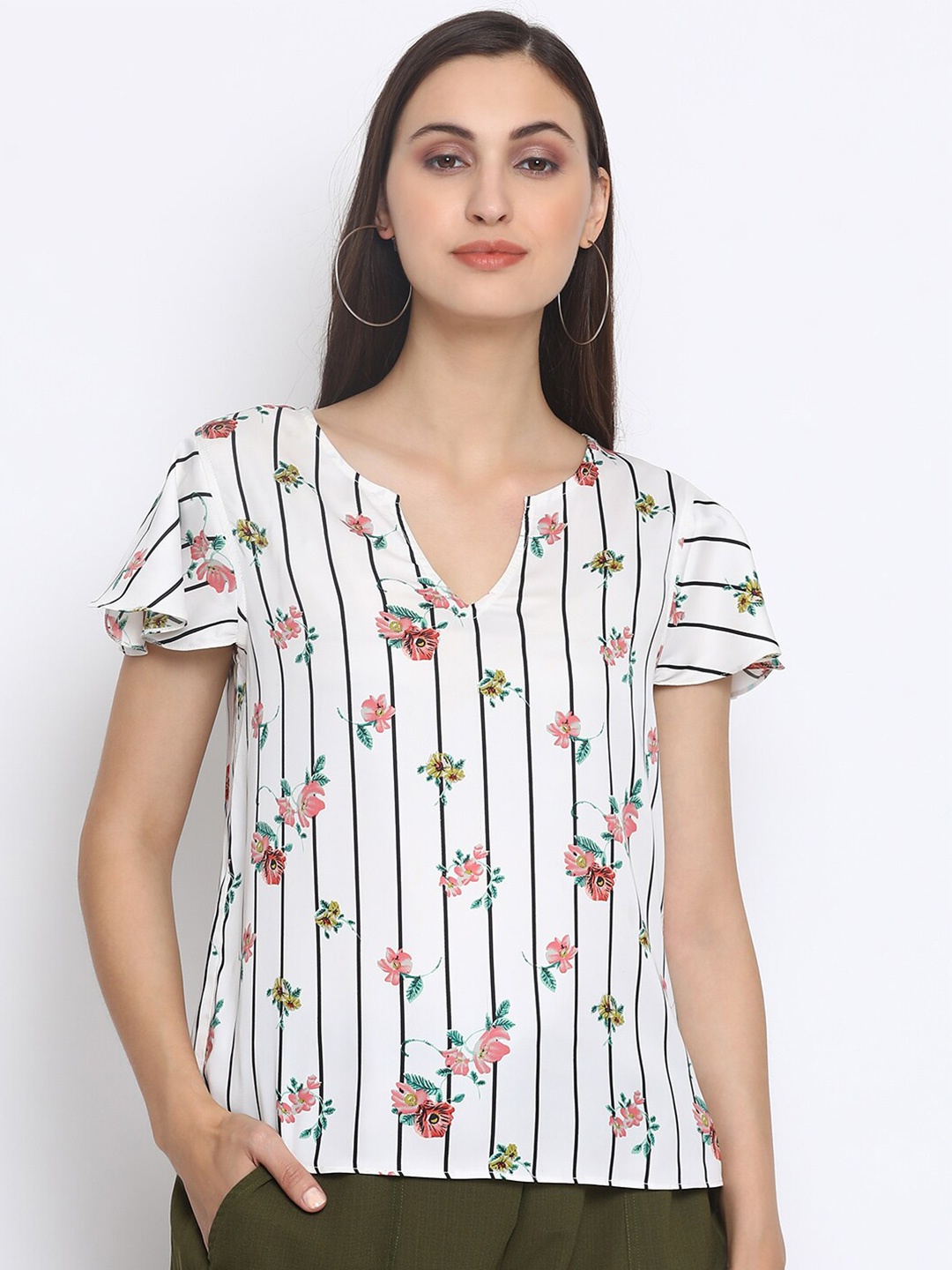 

SQew White & Black Striped Floral Print Satin Top