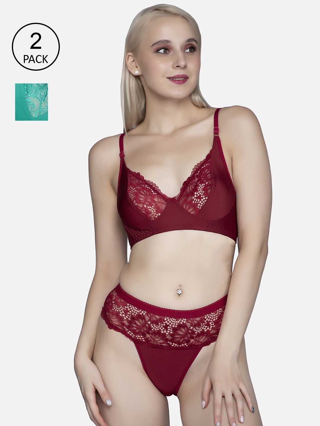 

FIMS Women Green & Maroon Pack Of 2 Cotton Lycra Floral Lingerie Set
