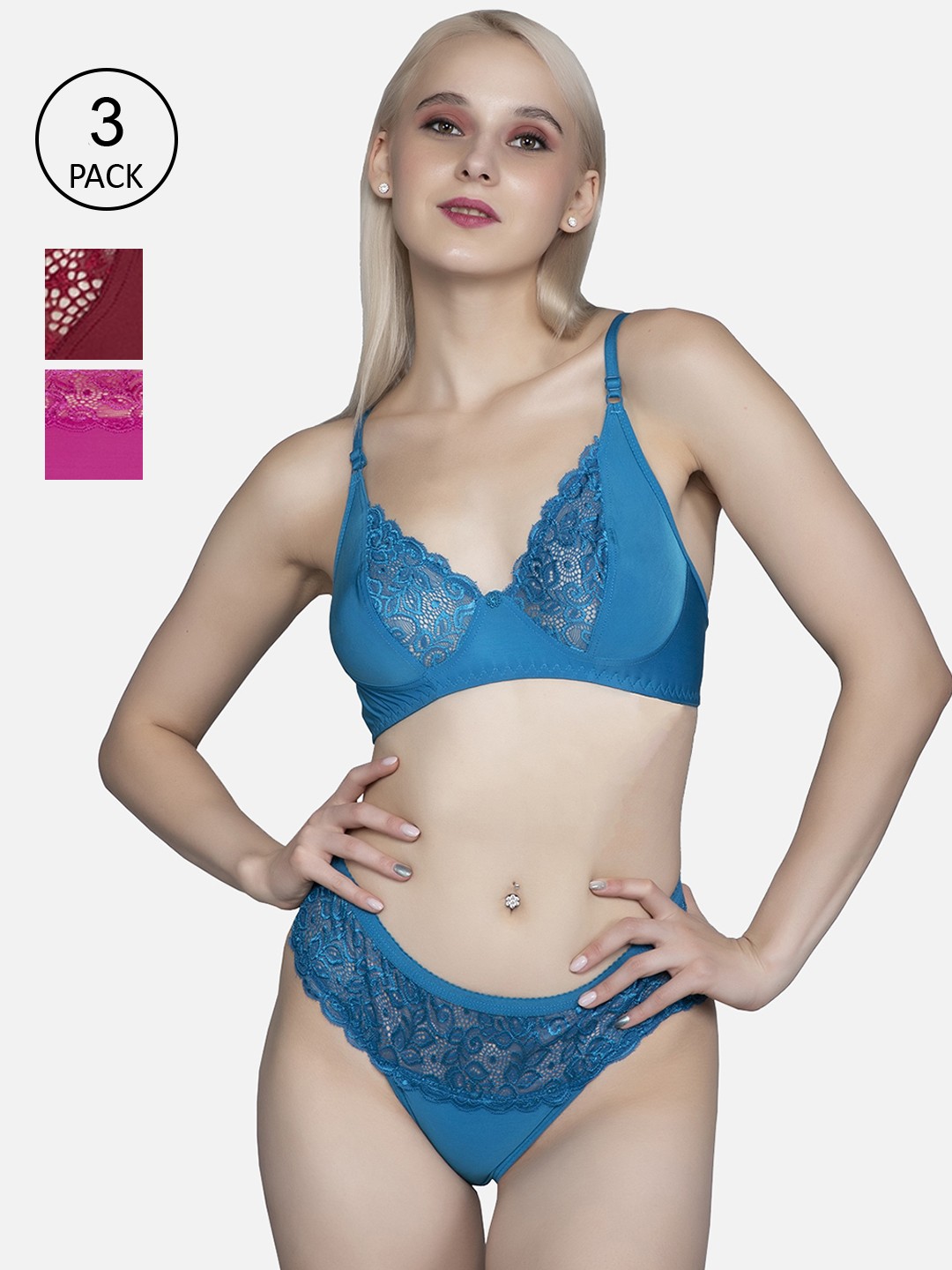 FIMS Women Pack Of 3 Cotton Lycra Floral Lingerie Set, Blue