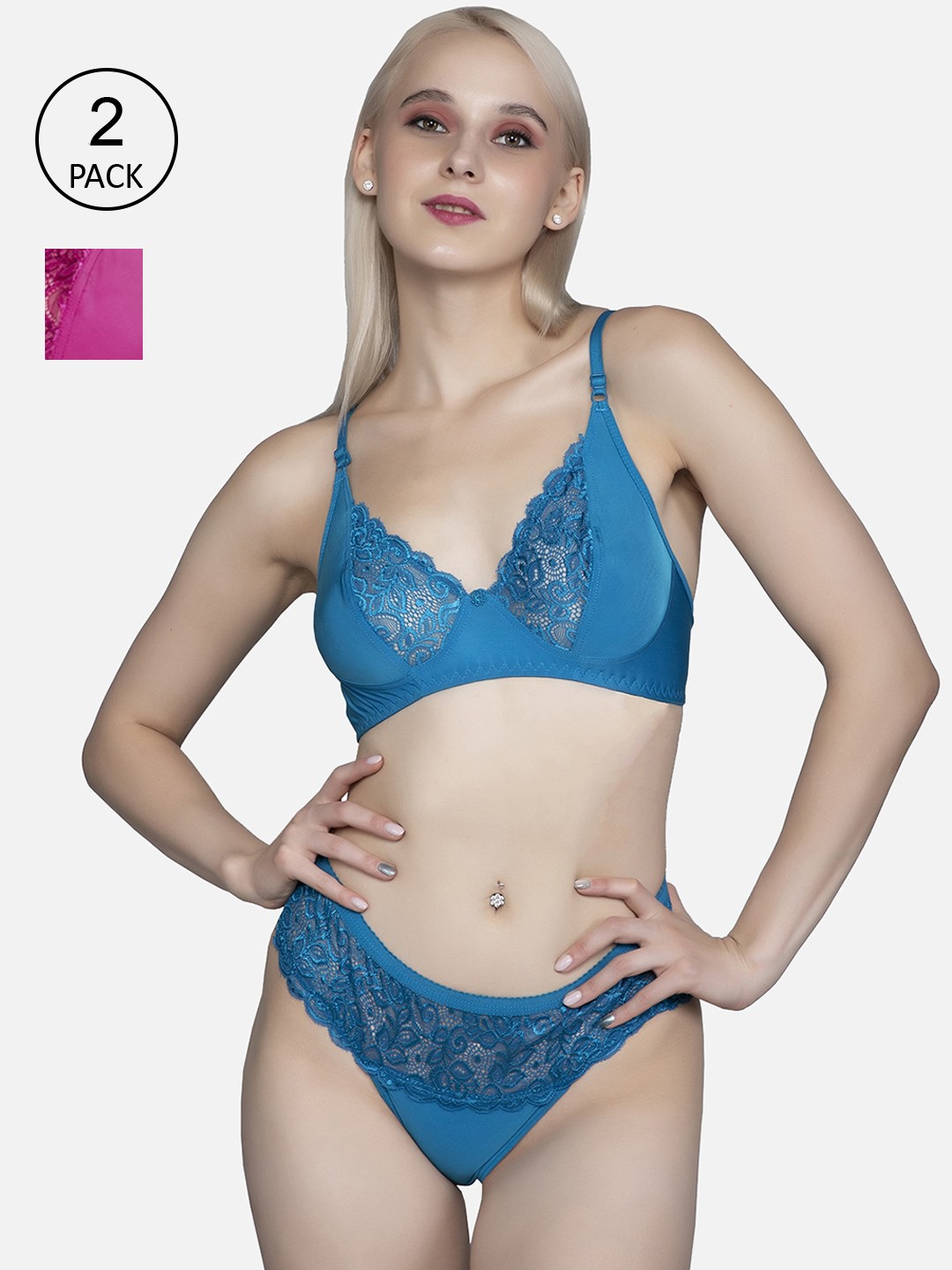

FIMS Women Pack Of 2 Pink & Blue Cotton Lycra Floral Lingerie Set