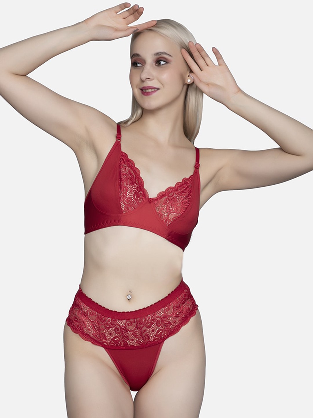 

FIMS Women Red Cotton Lycra Floral Lingerie Set