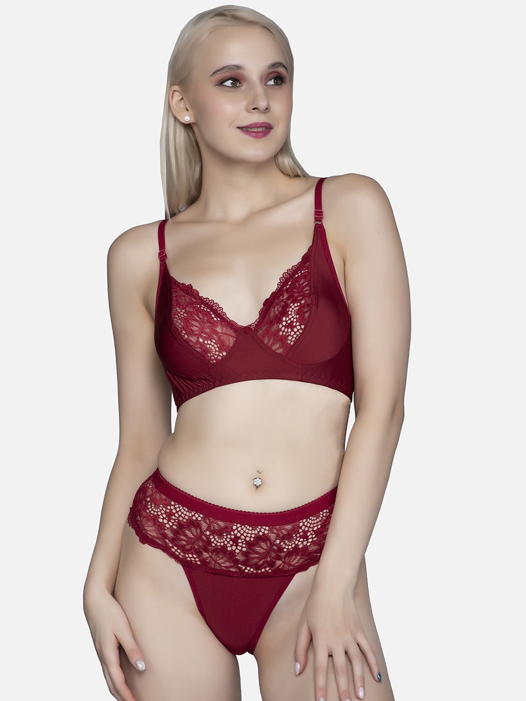 

FIMS Women Maroon Cotton Lycra Floral Lingerie Set