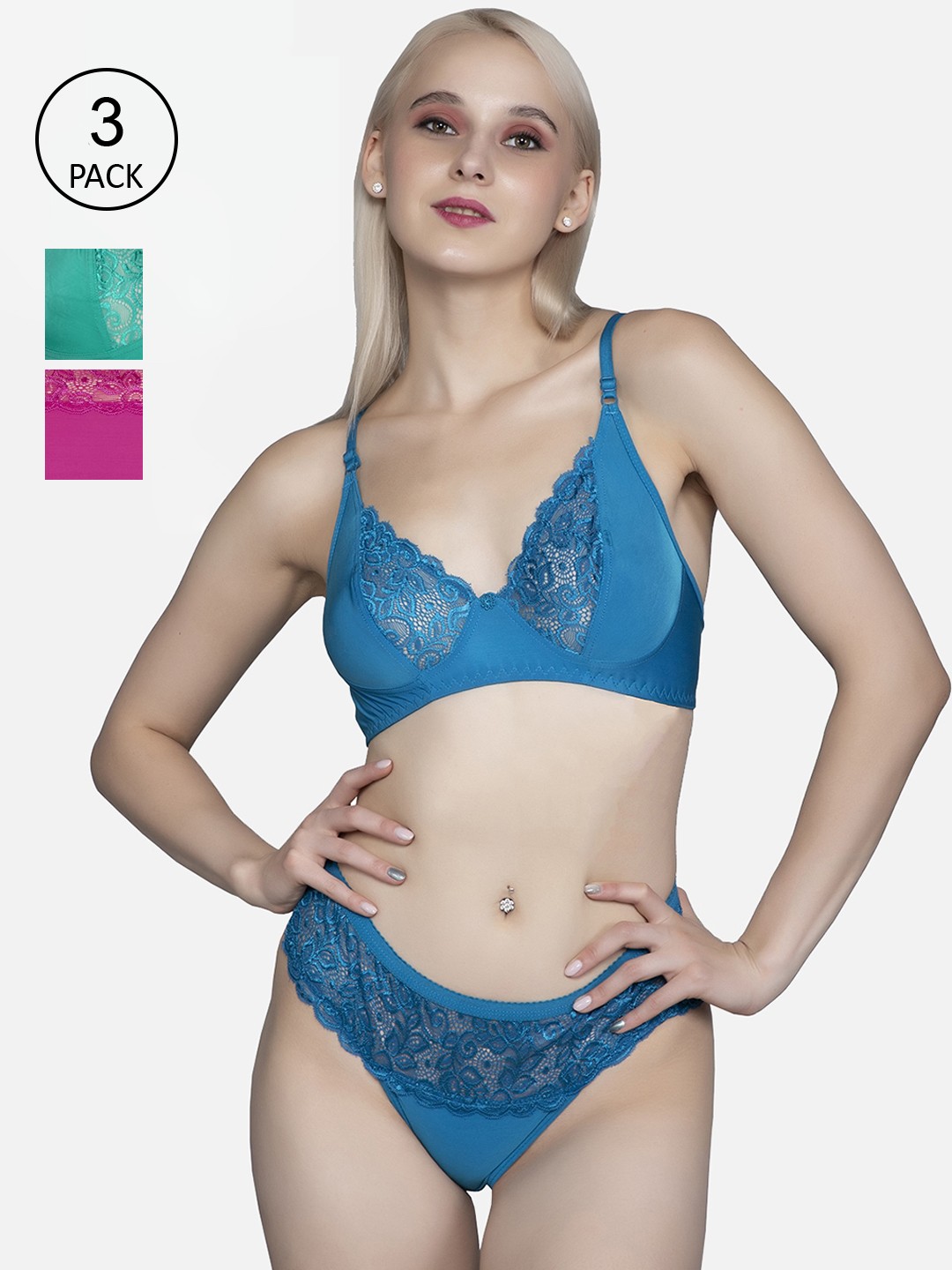 

FIMS Women Pack of 3 Cotton Lycra Floral Lingerie Set, Blue