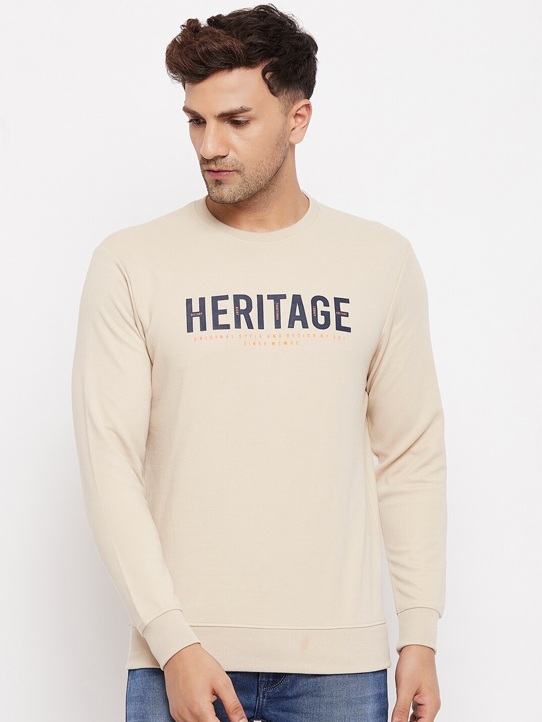 

Duke Men Beige Printed Fleece Sweatshirt