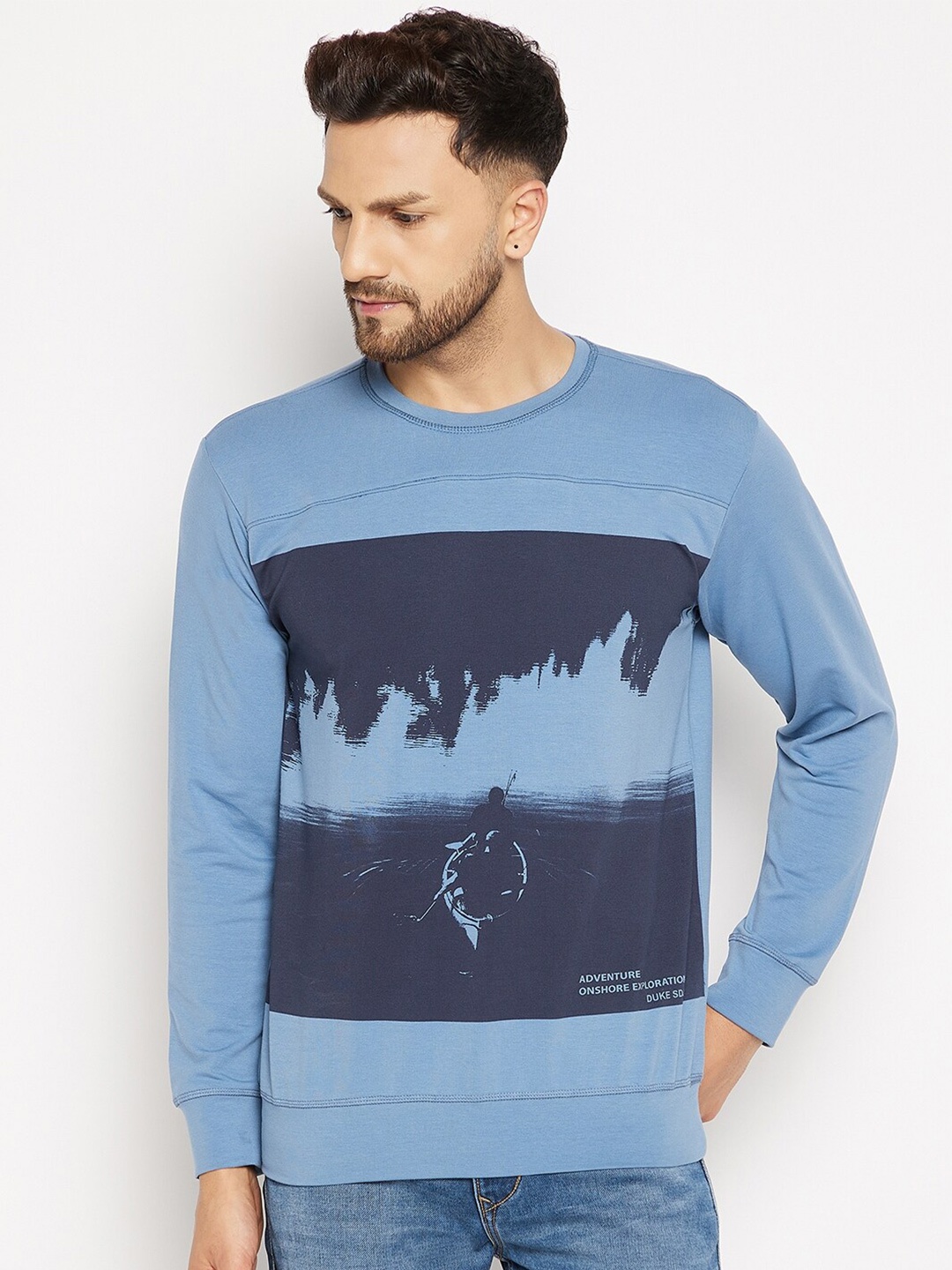 

Duke Men Blue Printed Fleece Sweatshirt