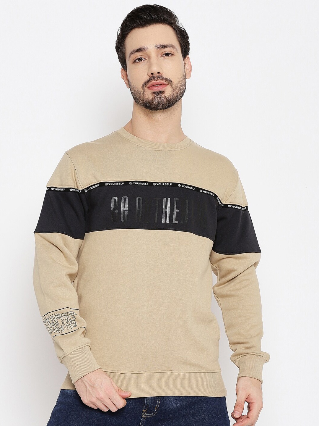 

Duke Men Beige Printed Fleece Sweatshirt