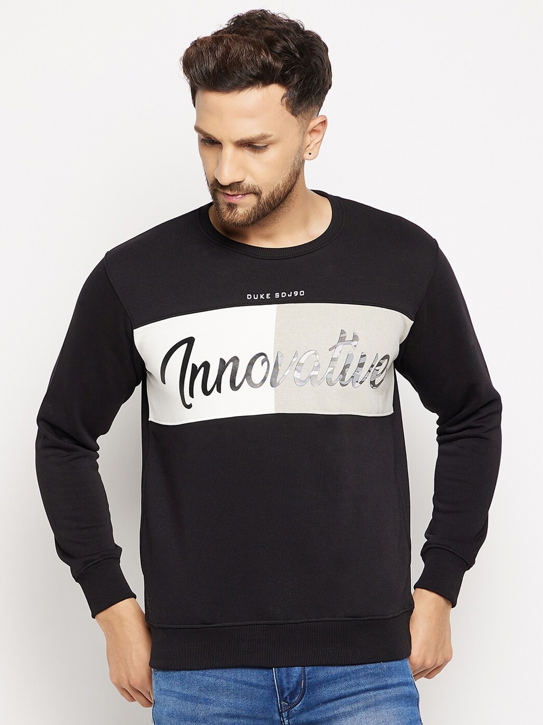 

Duke Men Black Printed Fleece Sweatshirt
