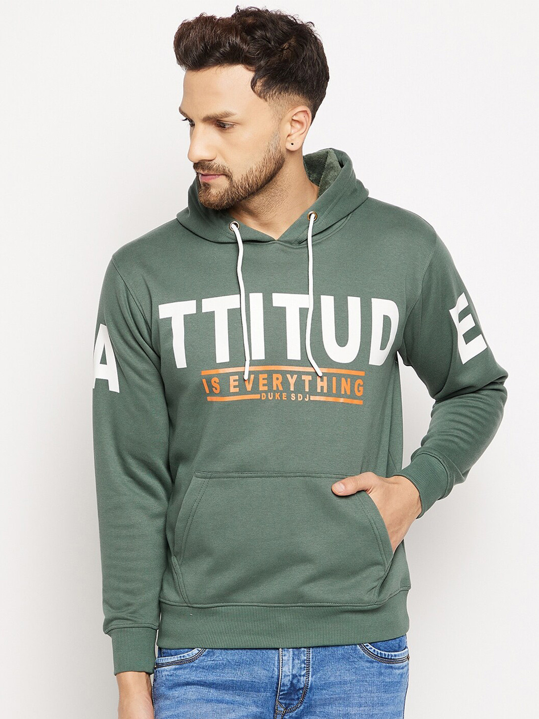 

Duke Men Green Printed Hooded Fleece Sweatshirt