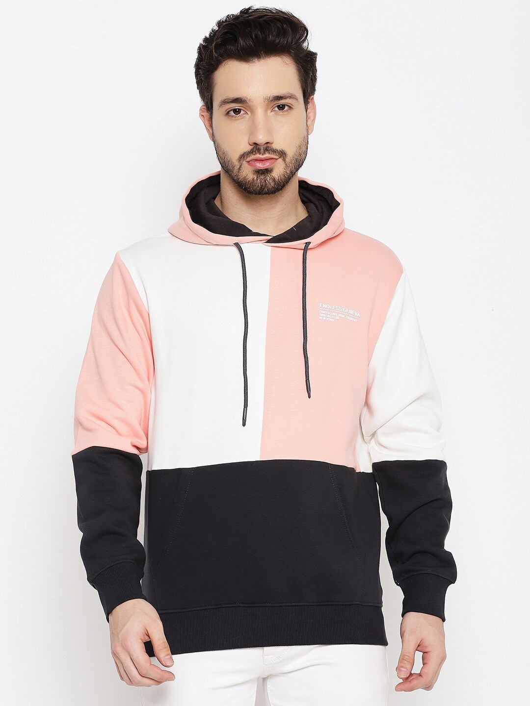 

Duke Men Pink Colourblocked Hooded Fleece Sweatshirt