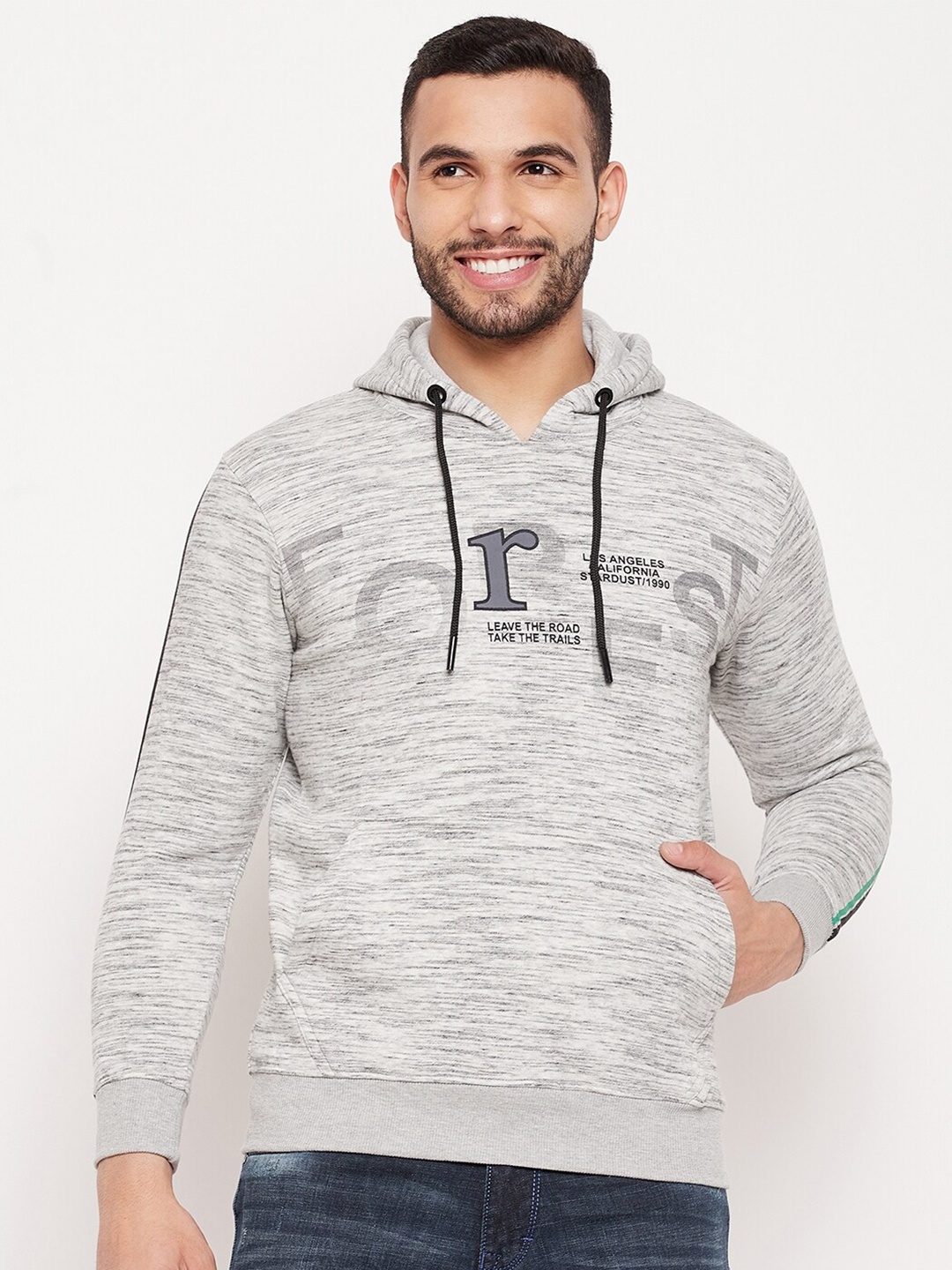 

Duke Men Grey Printed Hooded Fleece Sweatshirt