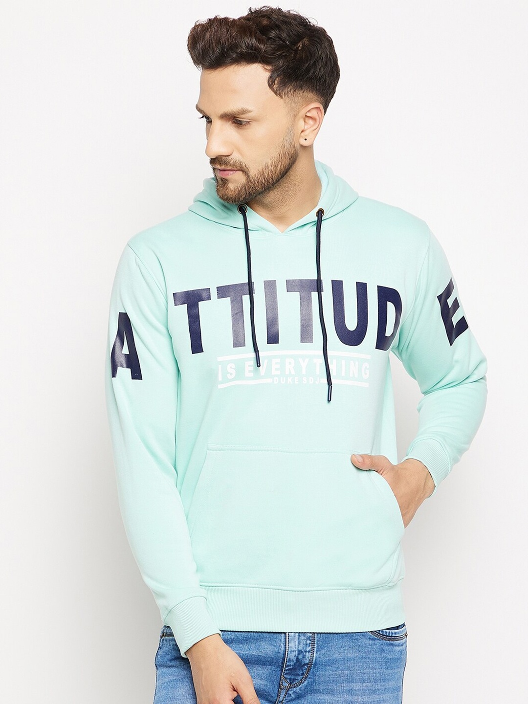 

Duke Men Blue Printed Hooded Fleece Sweatshirt