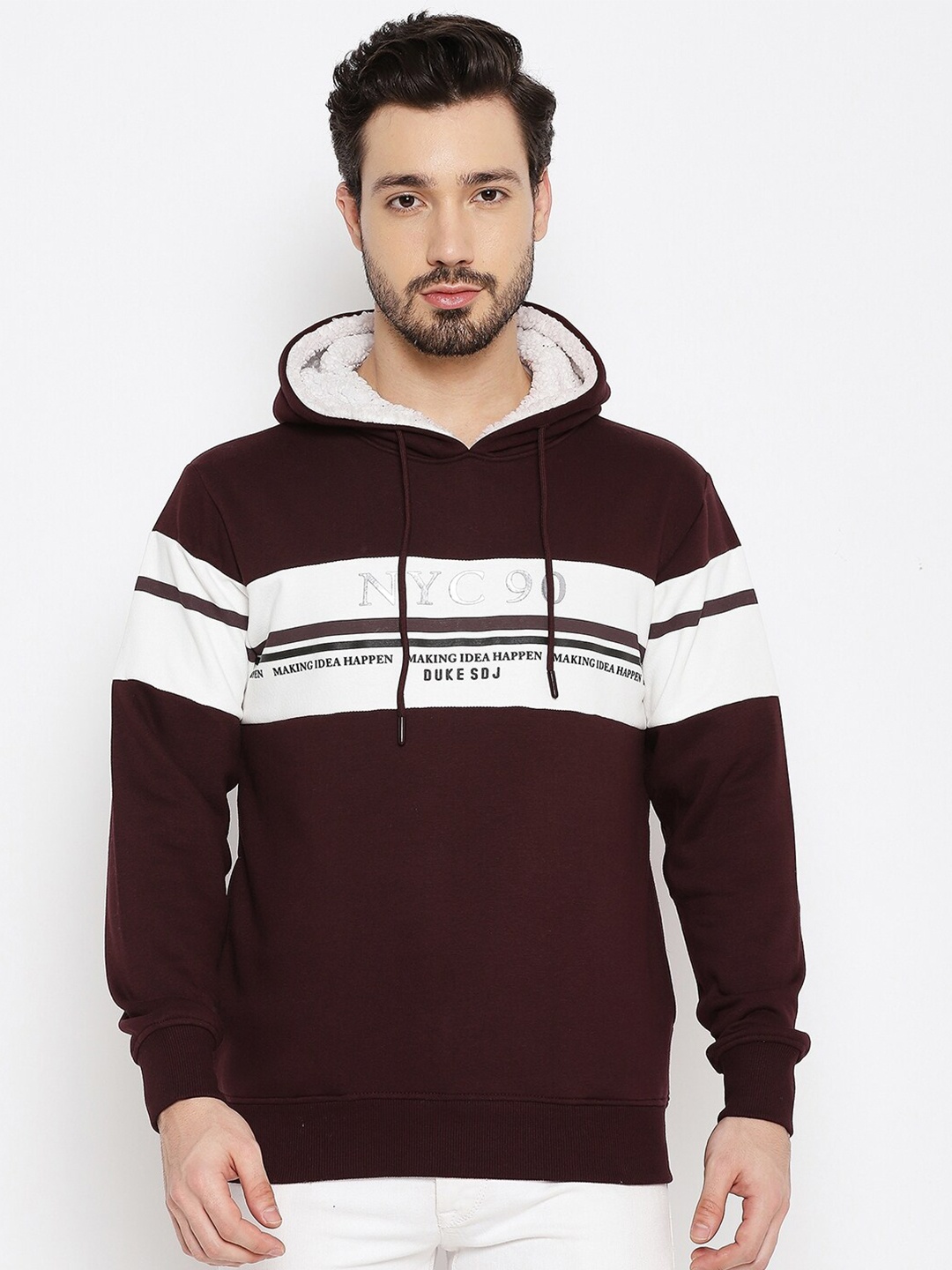 

Duke Men Brown Colourblocked Hooded Fleece Sweatshirt, Coffee brown
