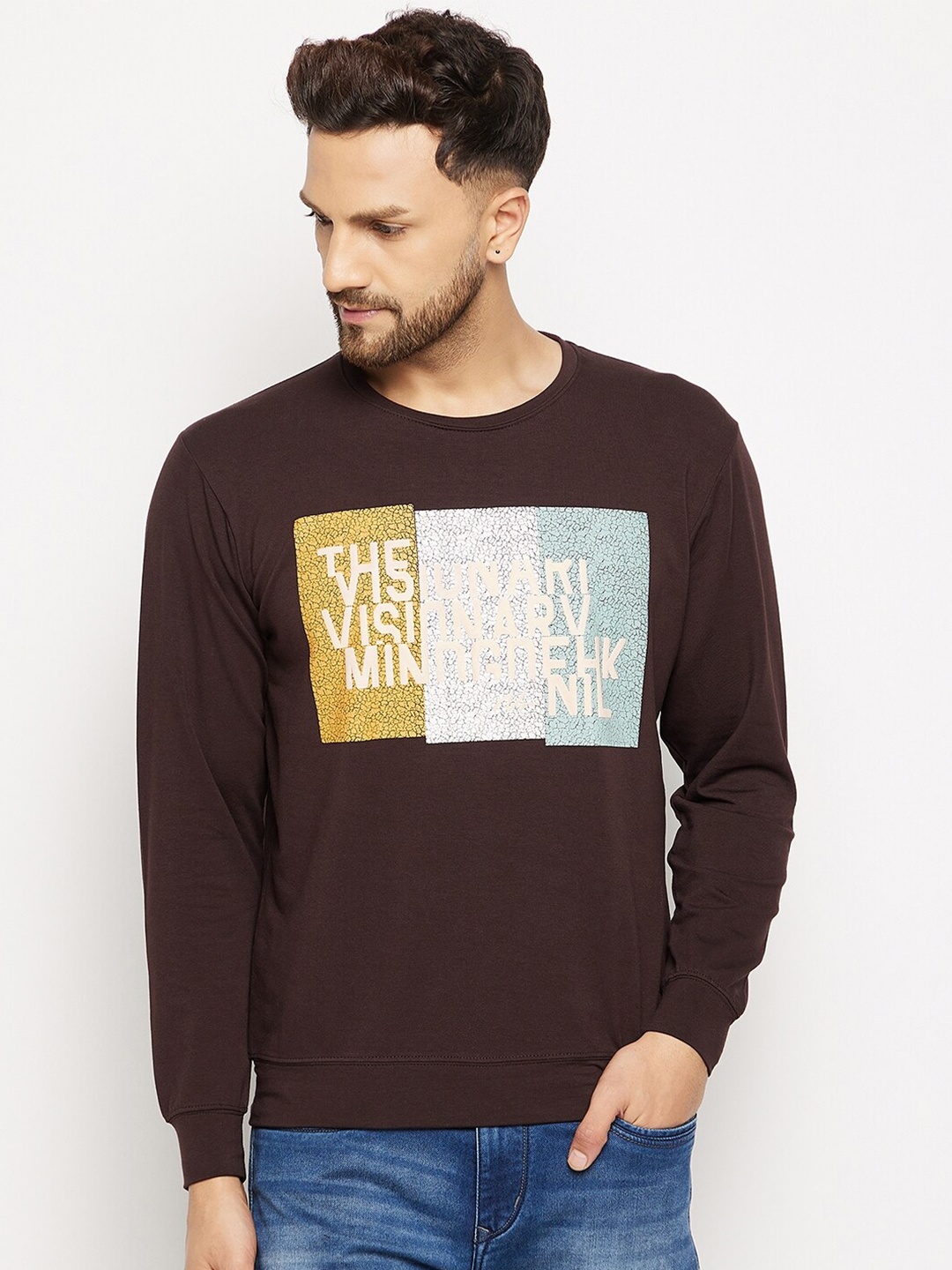 

Duke Men Brown Printed Fleece Sweatshirt