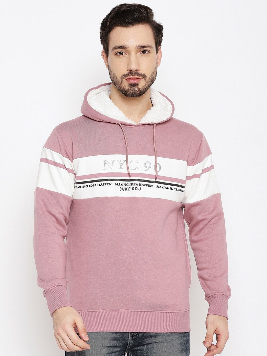 

Duke Men Pink Colourblocked Hooded Fleece Sweatshirt