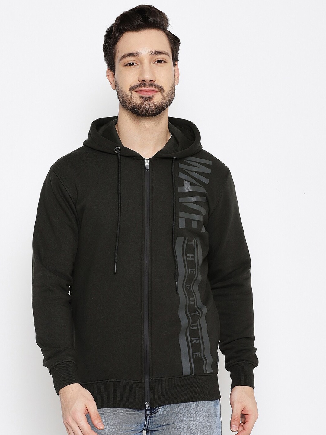 

Duke Men Olive Green Printed Hooded Fleece Sweatshirt
