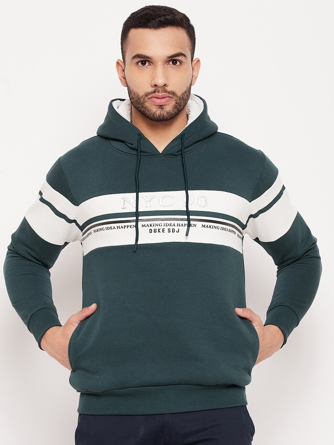 

Duke Men Green Colourblocked Hooded Fleece Sweatshirt