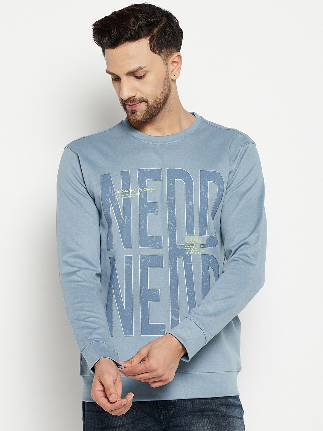 

Duke Men Blue Printed Fleece Sweatshirt