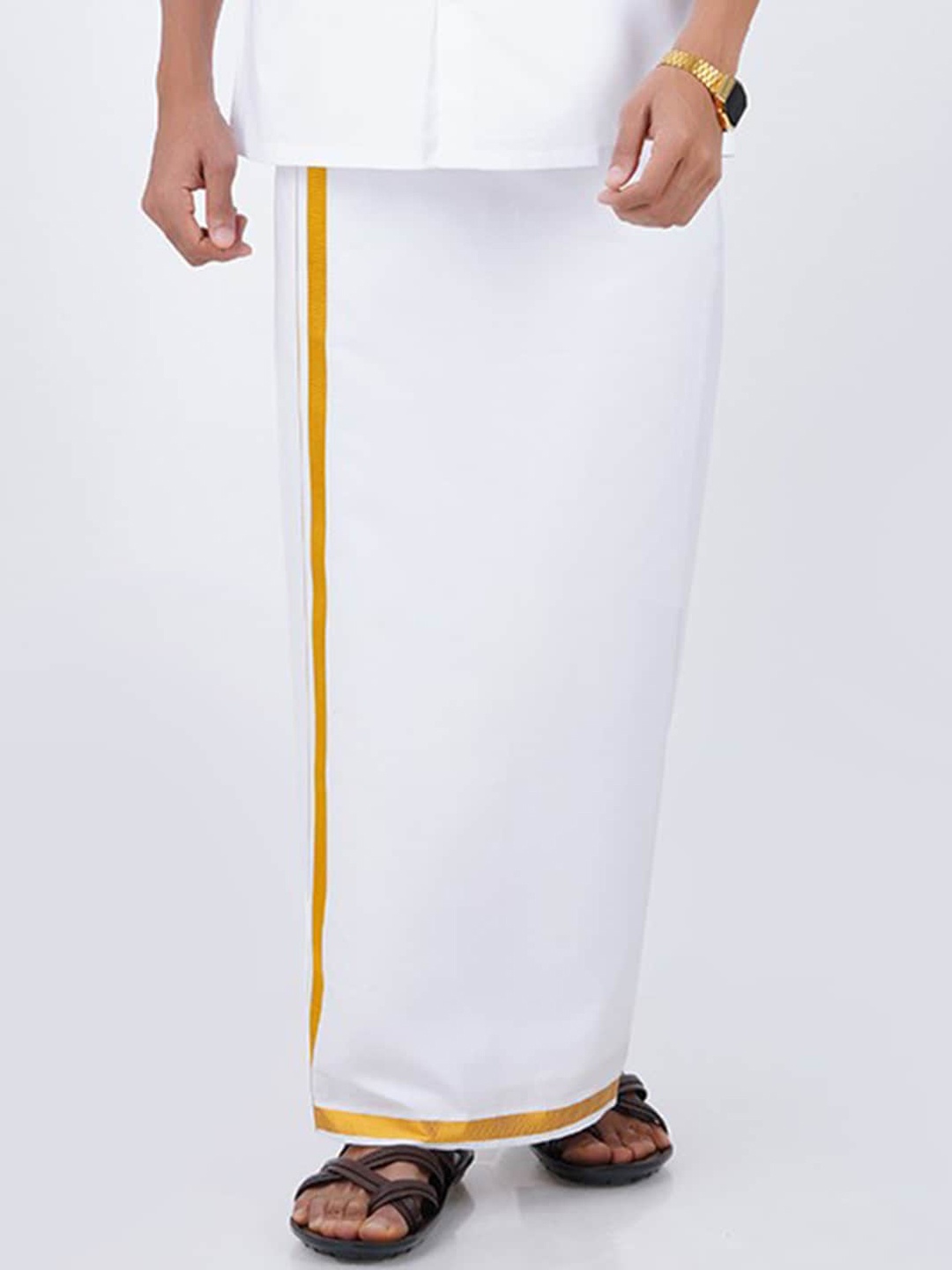 

RAMRAJ Men White Pure Cotton Gold Zari Border Dhoti
