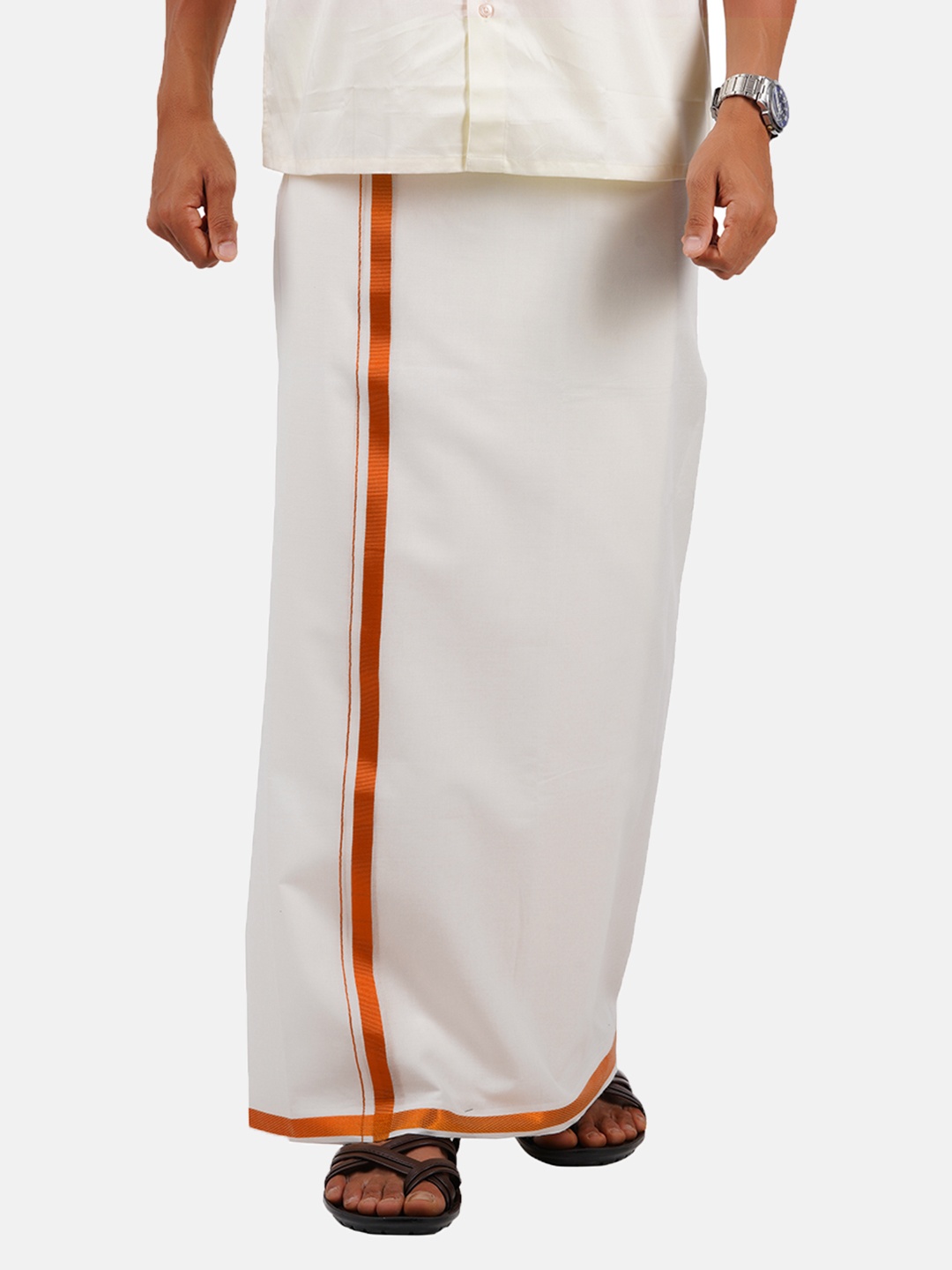 

Ramraj Men Pure Cotton White Dhoti with Copper Zari Border