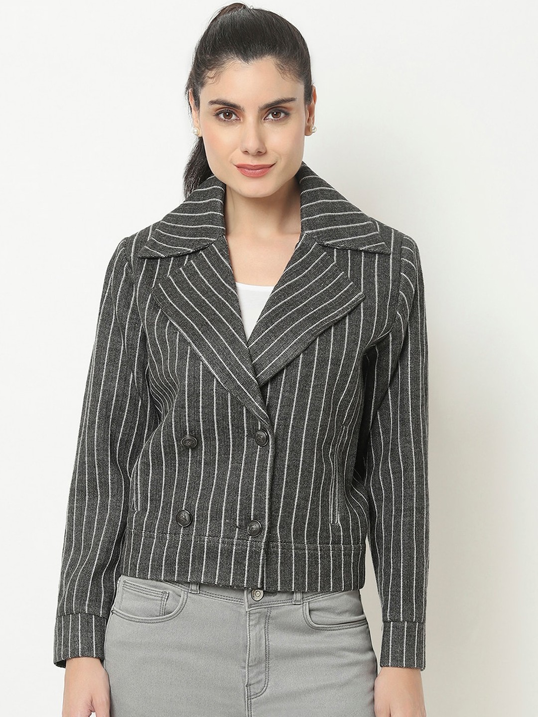 

Knitstudio Women Striped Wool Coat, Grey