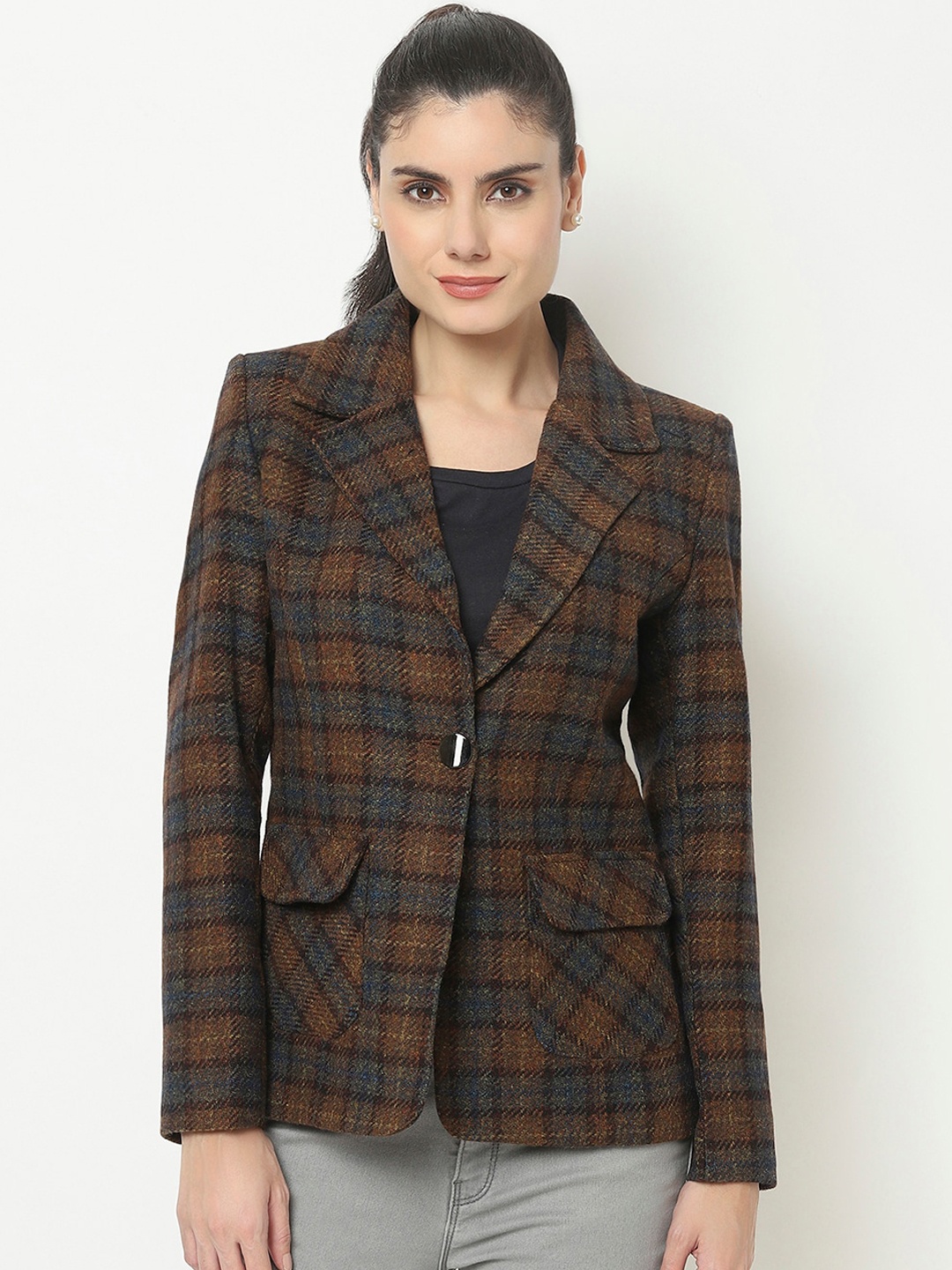 

Knitstudio Women Brown Checked Patterned Woolen Winter Wear Coats