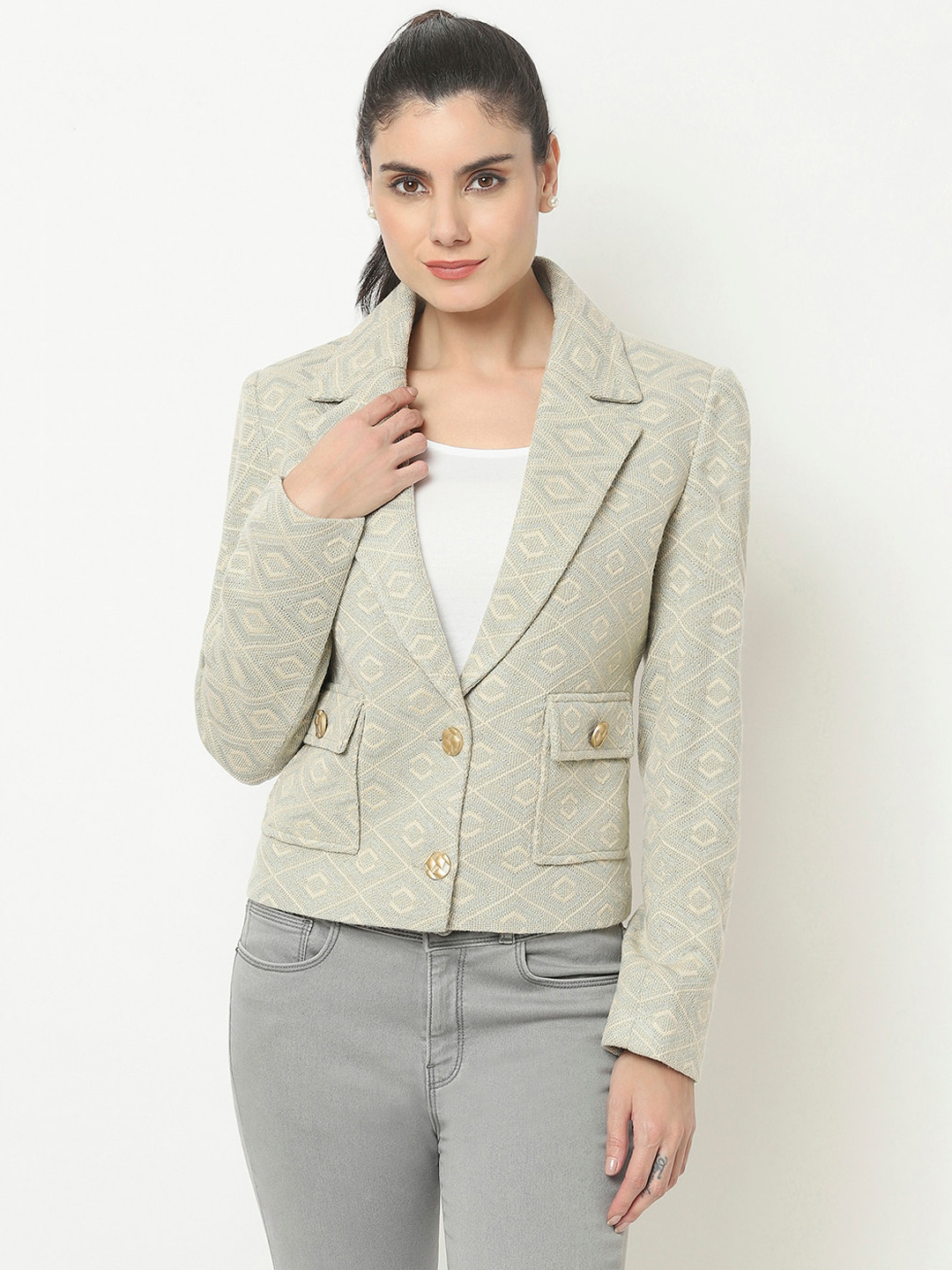 

Knitstudio Women Green Self Design Single-Breasted Knitted Party Wear Blazer
