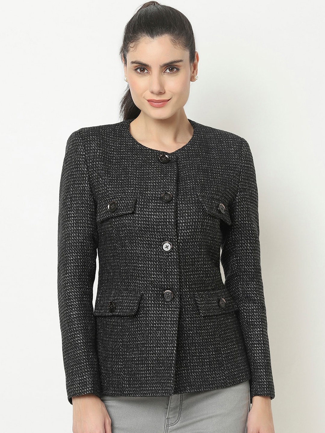 

Knitstudio Women Black Self-Design Overcoat