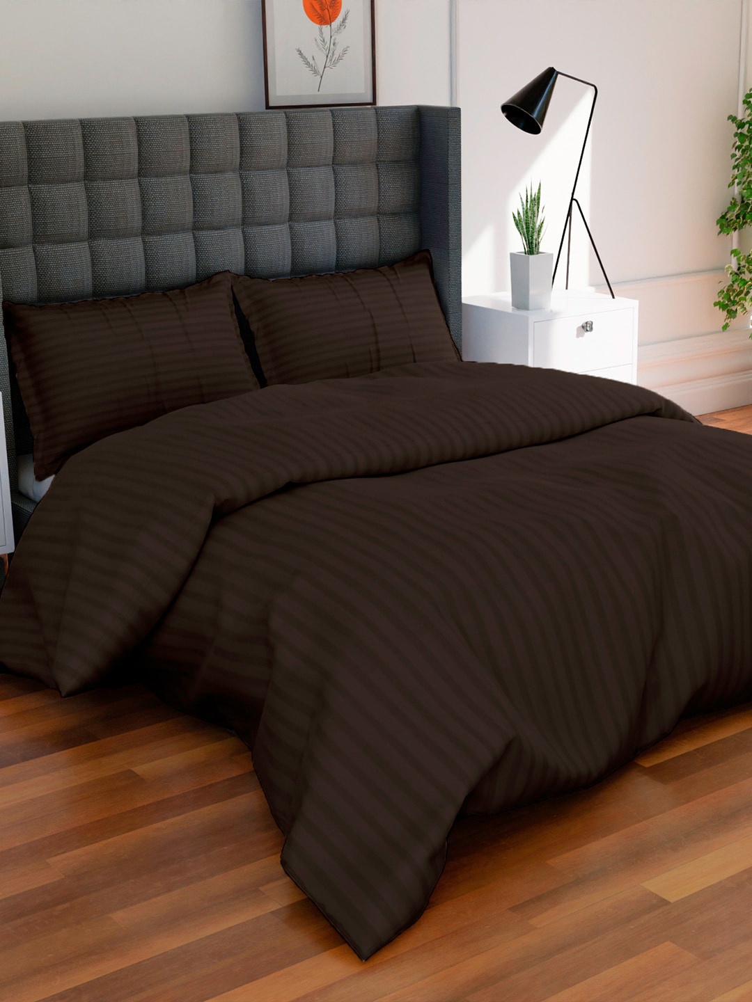 

AVI Brown Striped Cotton 300 TC Double King Duvet Cover