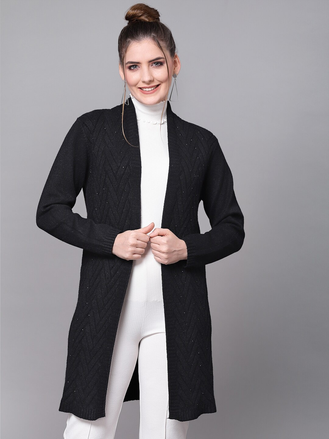 

Mafadeny Women Black Embellished Longline Shrug