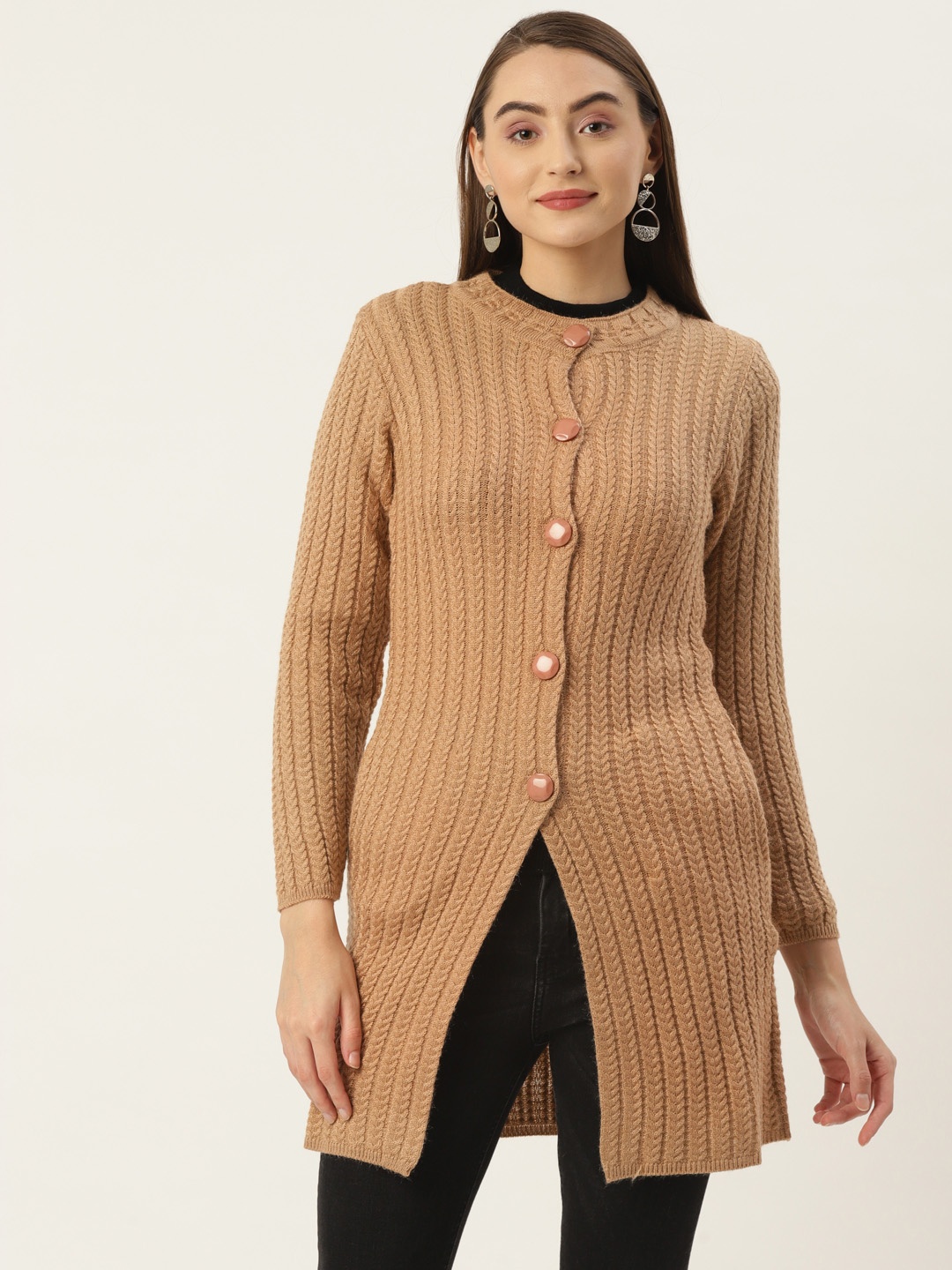 

FABNEST Women Camel Brown Longline Cardigan