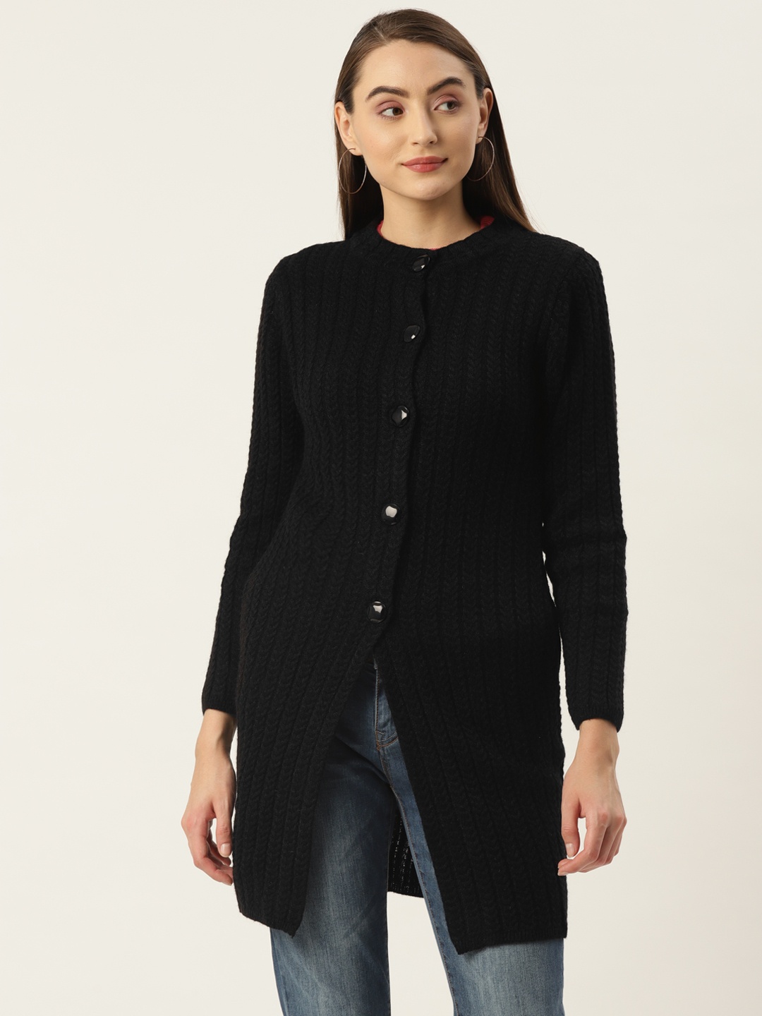 

FABNEST Women Black Longline Cardigan