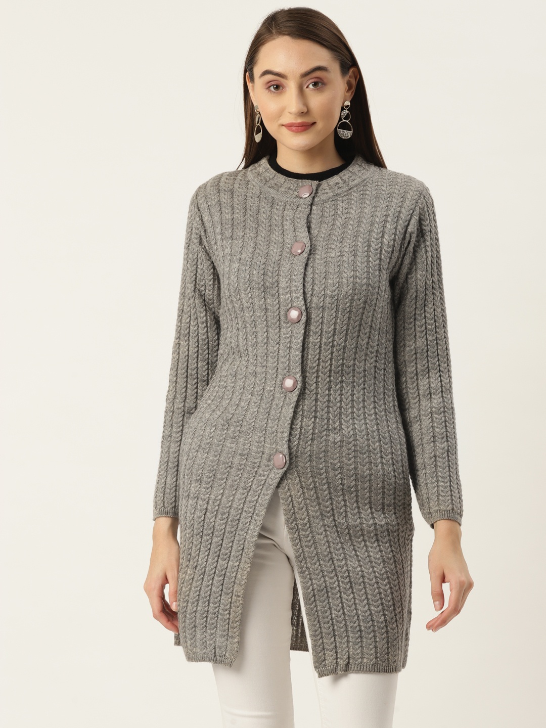 

FABNEST Women Silver-Toned Longline Cardigan