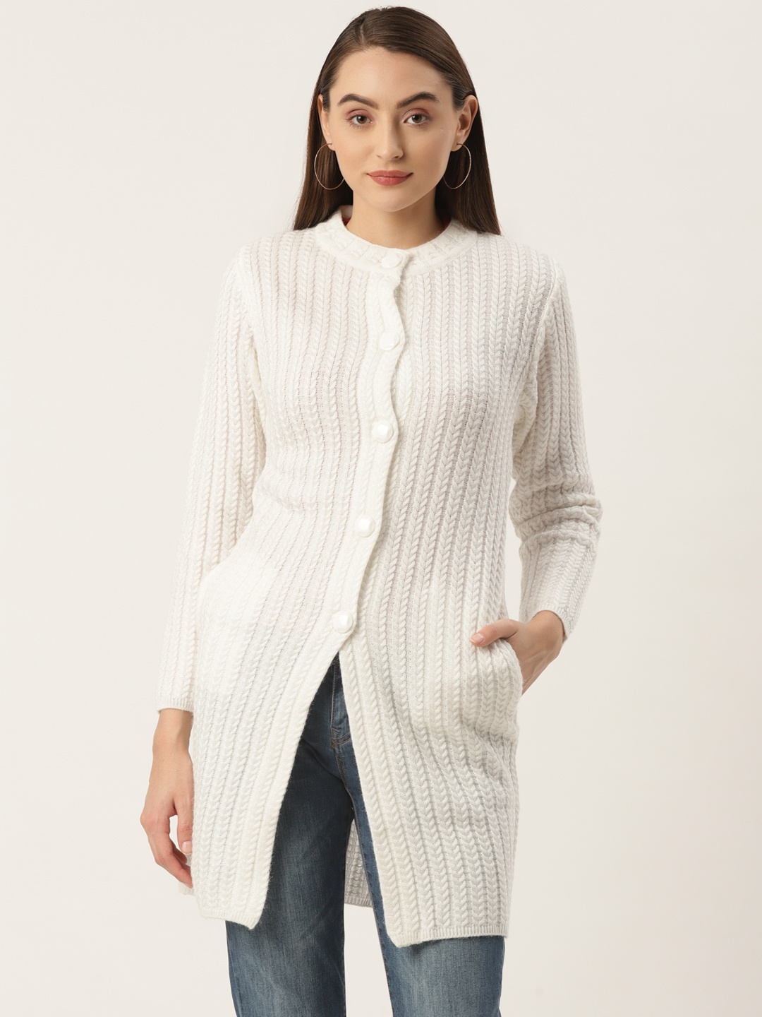 

FABNEST Women White Longline Cardigan