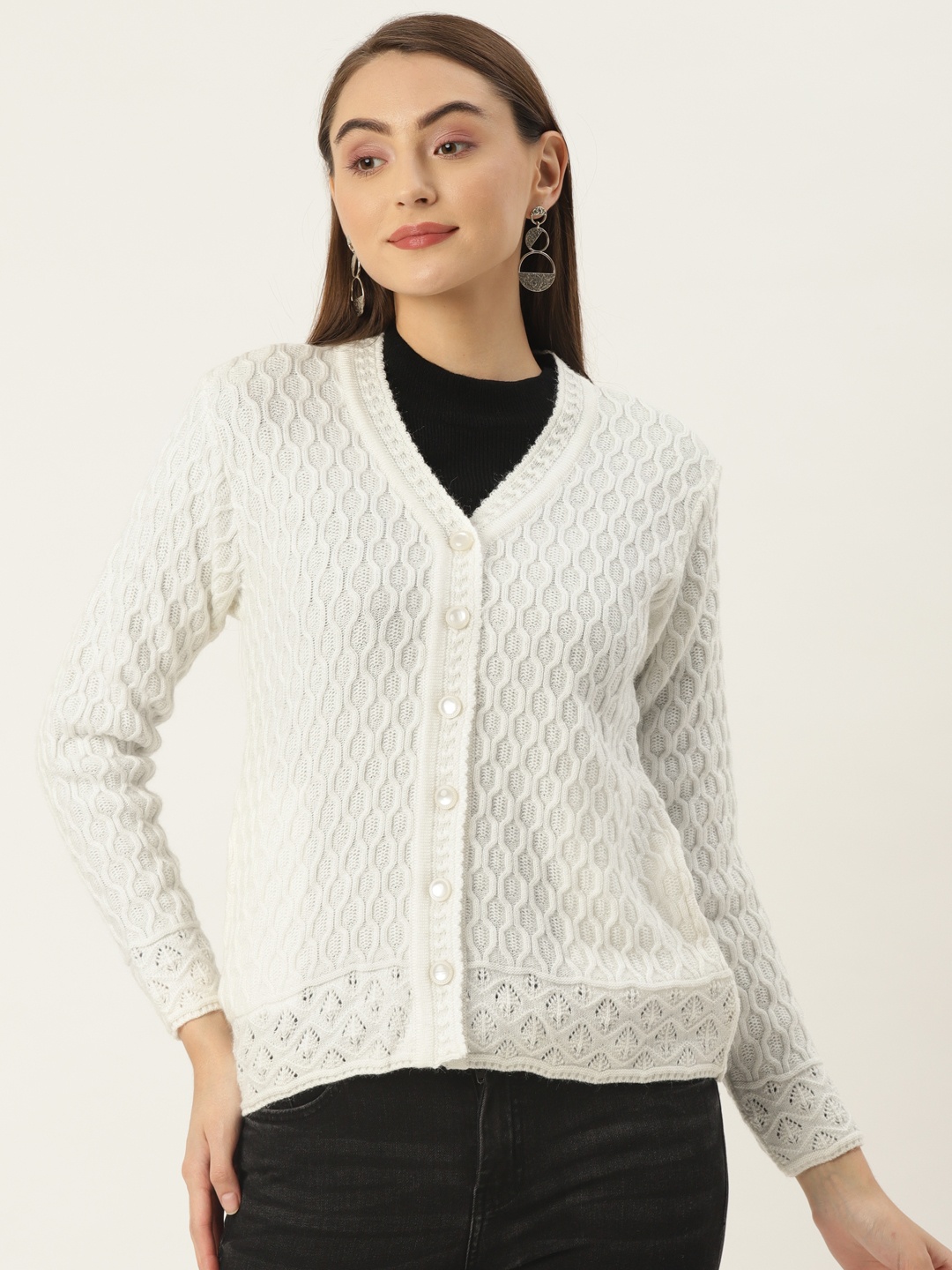

FABNEST Women White Solid Cardigan
